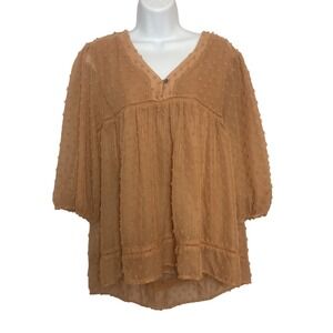 Ces Femme Womens XL V-Neck Blouse Top Peasant Polka Dot Baby Doll Sheer Lined